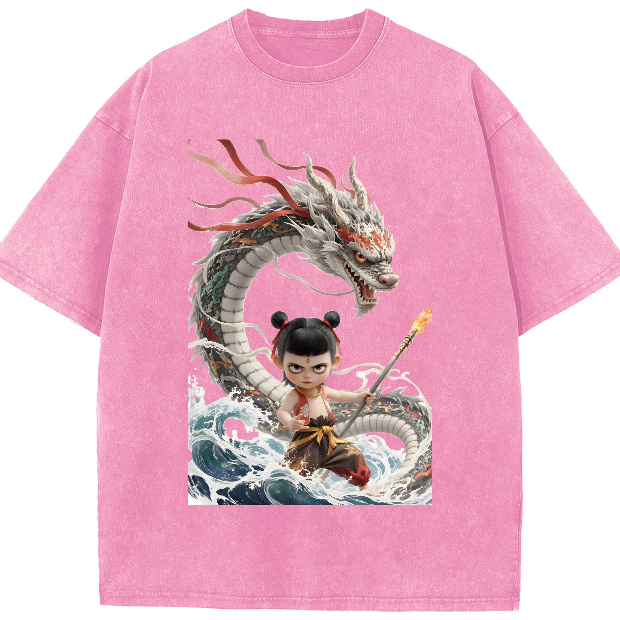 （画像用） Ne Zha 2 ナタ 魔童の大暴れ 綿100% ヴィンテージ風 半袖Tシャツ（フロントプリント）